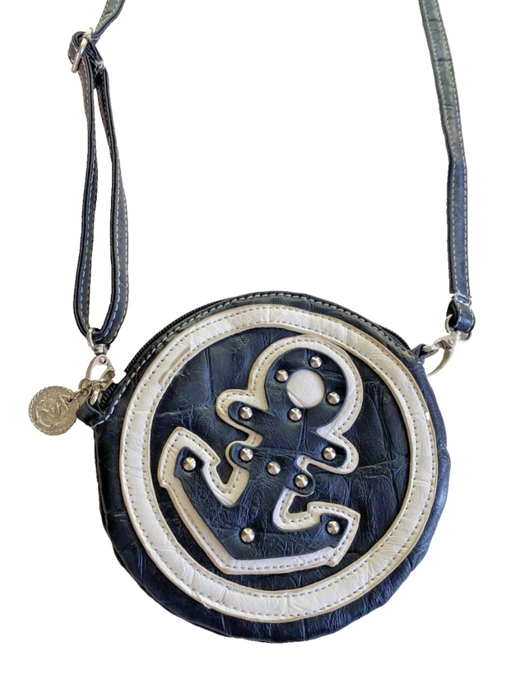 Crossbody Leather Studded Nautical Theme Round Bag Black and White 6" Wide